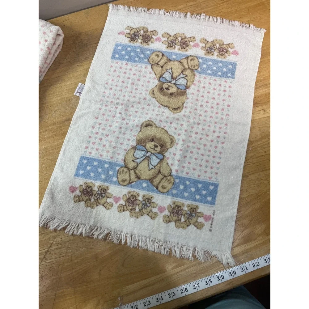 Vtg Cannon Teddy Bear Hand Towels Set of 3 Blue Pink Hearts Fringe Made in USA